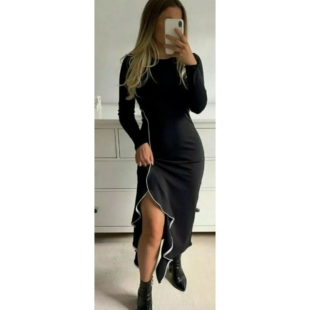 ZARA Womens Black Frilled Ruffle Detail Midi Dress Size S Blogger Fave  NWT